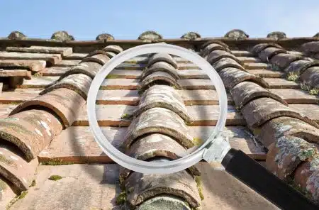 A magnifying glass held over weathered clay barrel tiles on an old roof