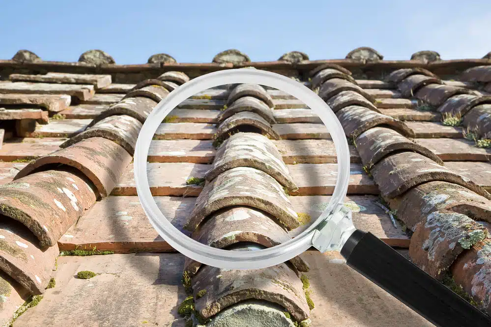 A magnifying glass held over weathered clay barrel tiles on an old roof