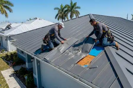 Aerial view of standing seam metal roofing installed on a New Orleans home near Lake Pontchartrain
