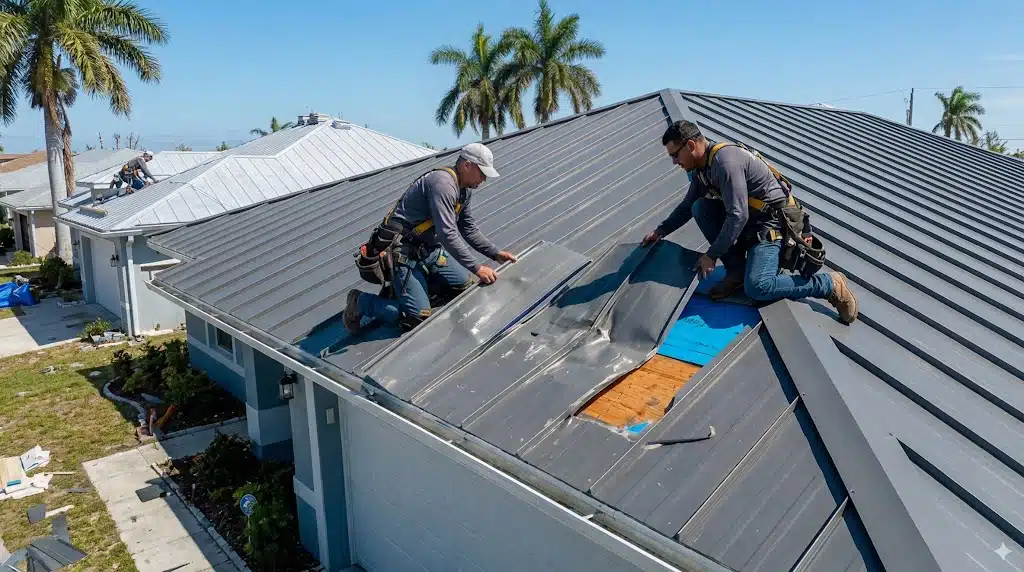 Aerial view of standing seam metal roofing installed on a New Orleans home near Lake Pontchartrain