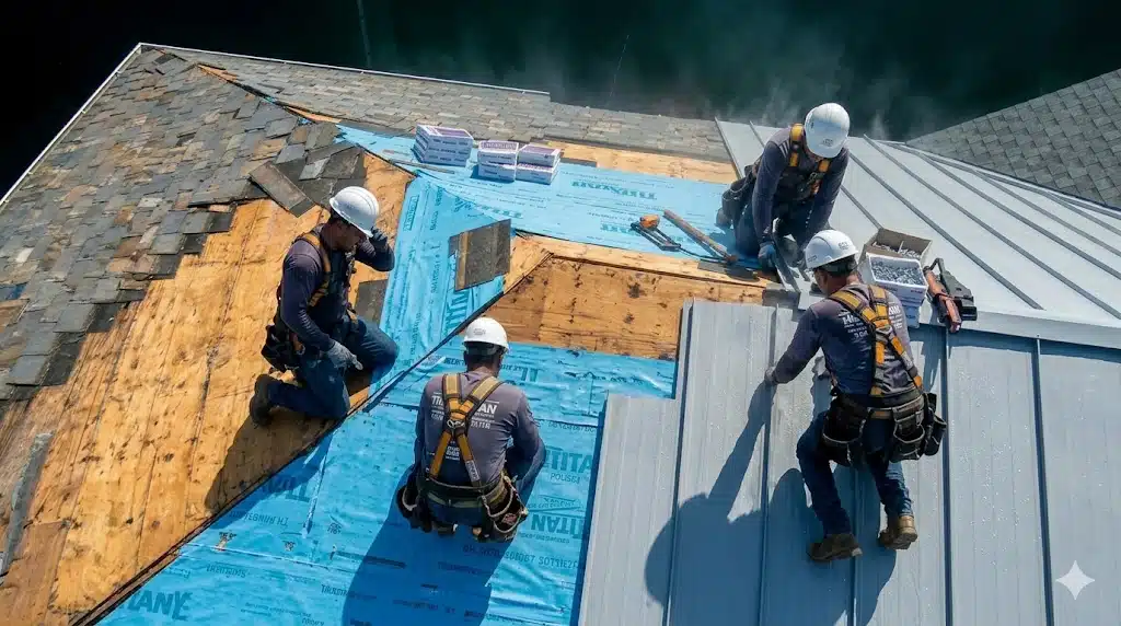 New Orleans roofing contractors inspecting storm damage