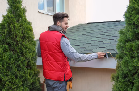 Licensed roofer inspecting shingle condition on a New Orleans residential roof before hurricane season