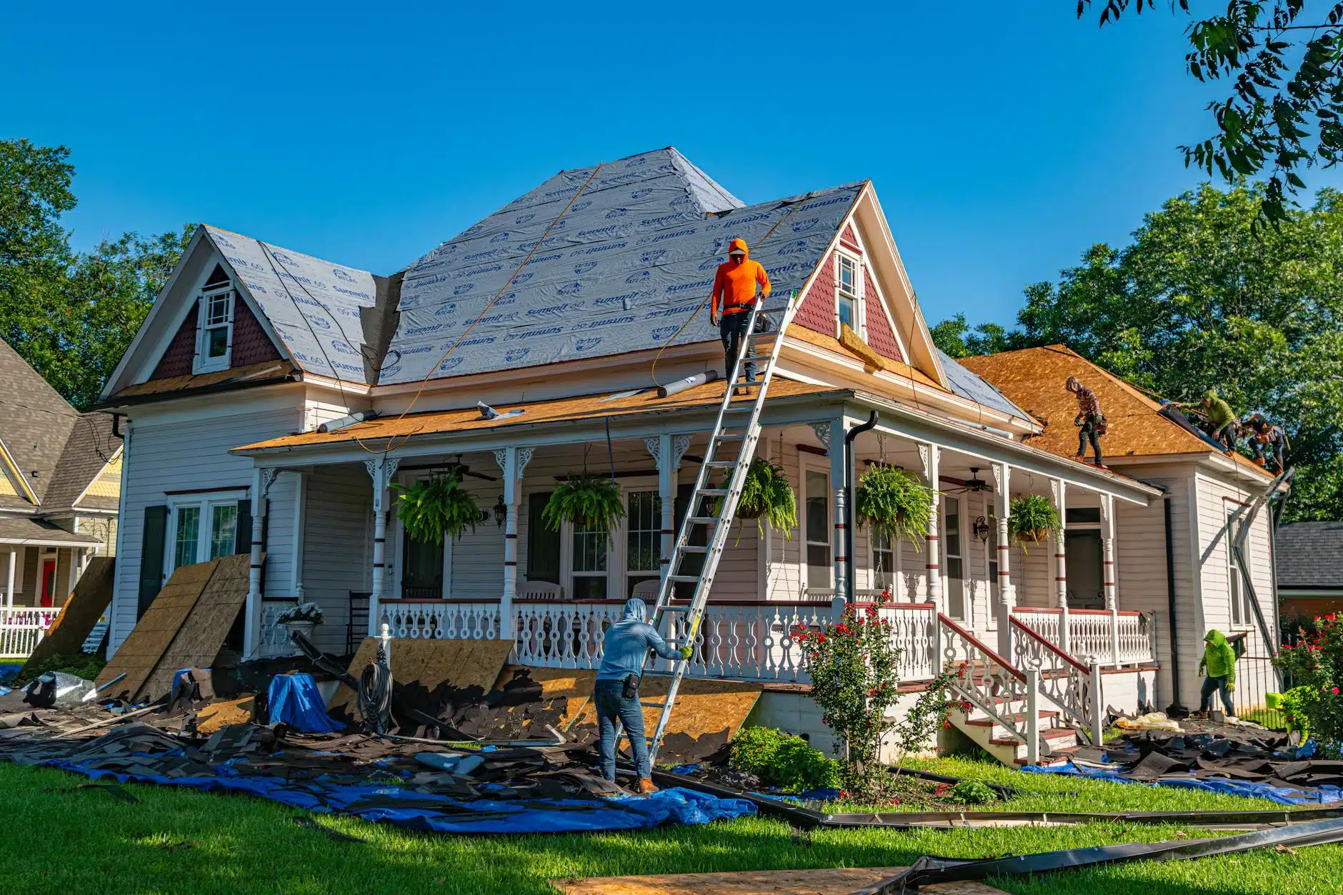 completed roof replacement on neighborhood house