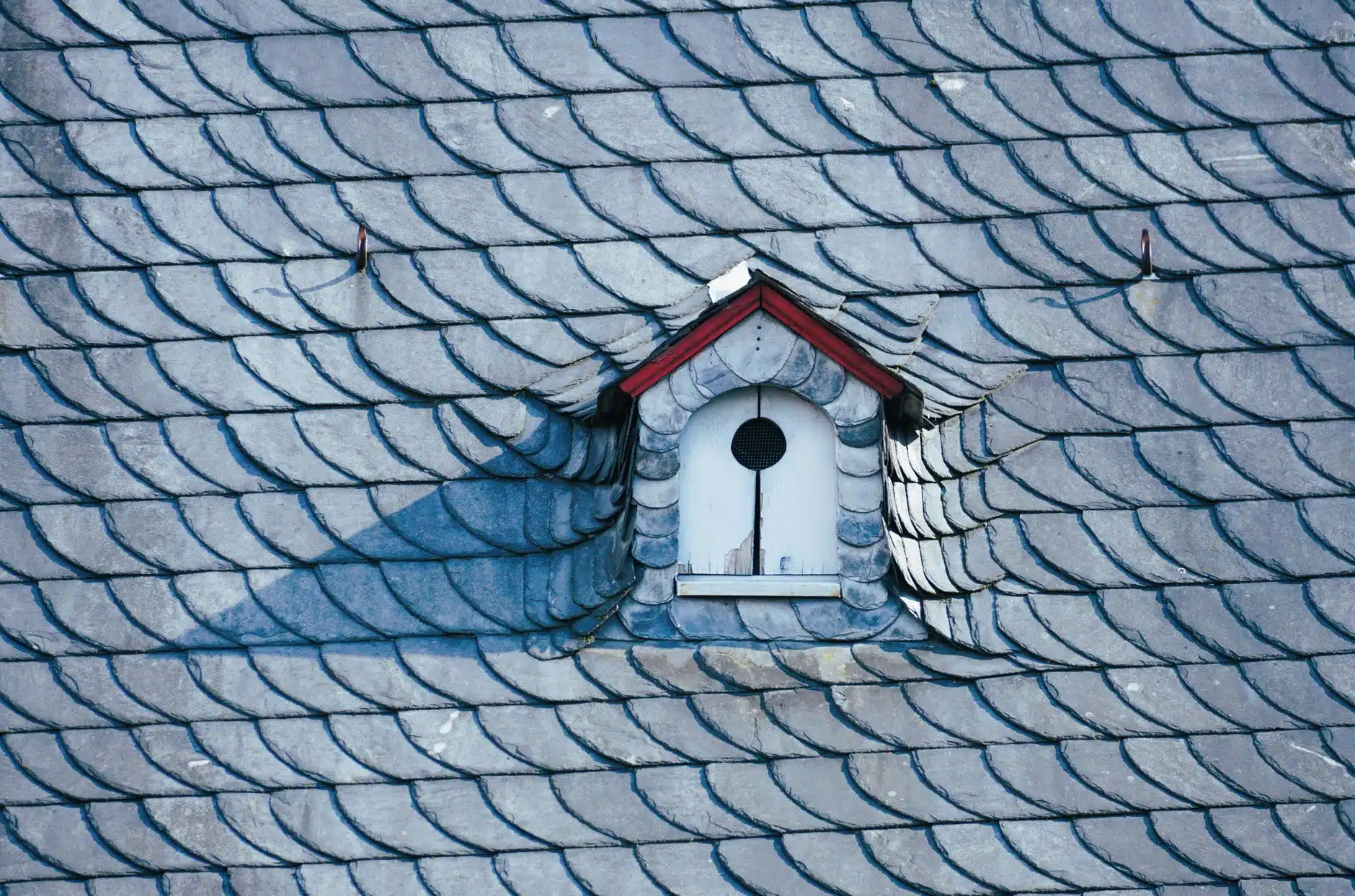 A gray slate roof of overlapping slates surrounding a small dormer vent